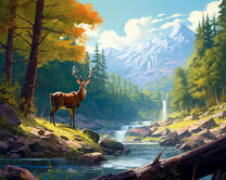 Олень на берегу лесной реки