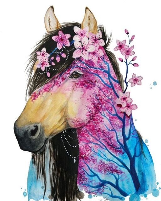 Алмазная мозаика 40x50 Лошадь с цветущей сакурой
