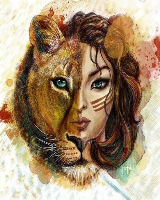 Алмазная мозаика 40x50 Девушка и львица в одном портрете