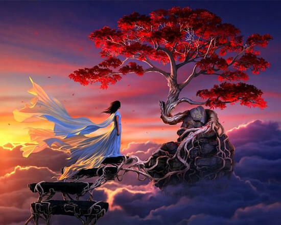 Алмазная мозаика 40x50 Девушка у дерева над облаками