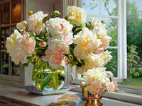 Без бренда «Ваза с букетом белых пионов у окна» в Стерлитамаке