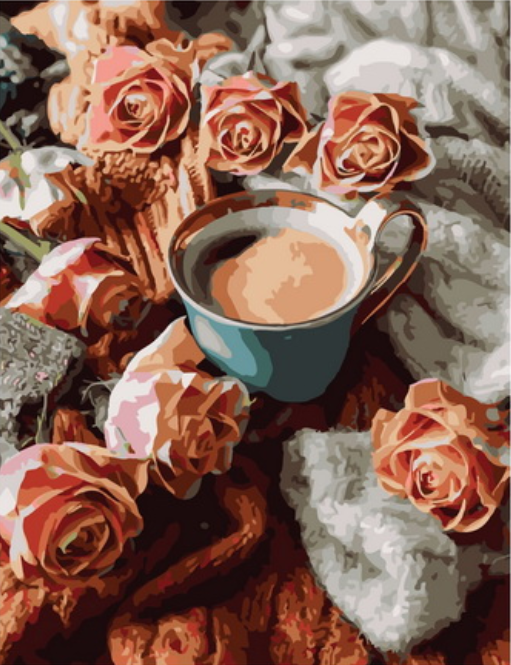 Картина по номерам 40x50 Кофе с молоком среди роз