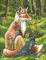 Лиса в ветках и цветах