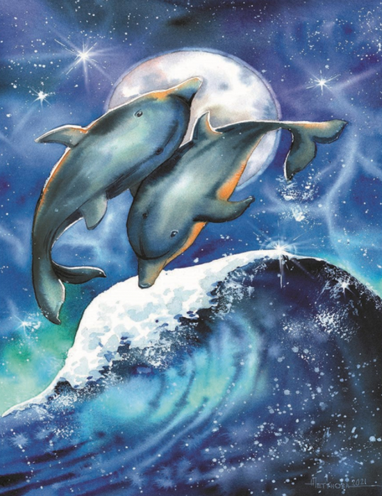 Алмазная мозаика 40x50 Дельфины на фоне полной луны