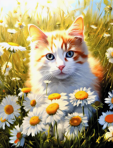 Пушистый котик на ромашковом поле