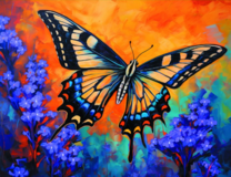 Яркая бабочка-махаон в фиолетовых цветах