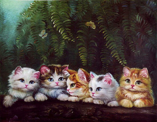 Алмазная мозаика 40x50 Пять милых котяток под папоротником